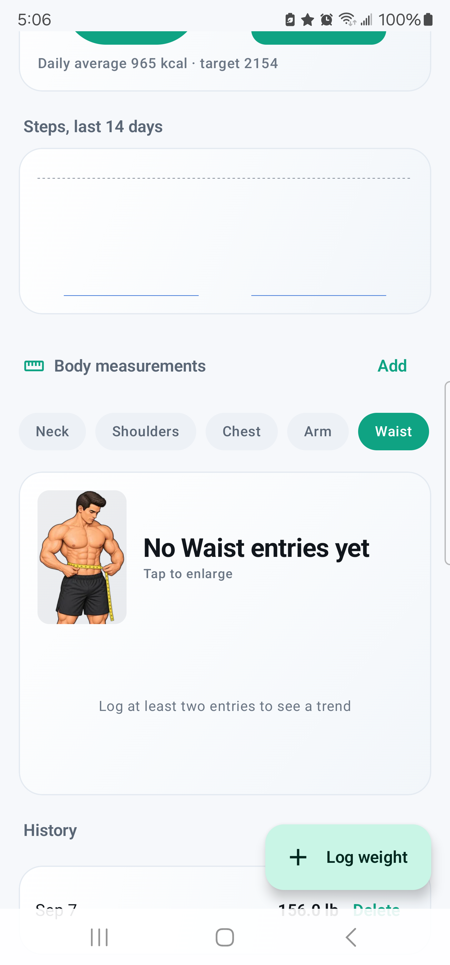 Fizeke weight and body progress tracker showing body measurements and weight history